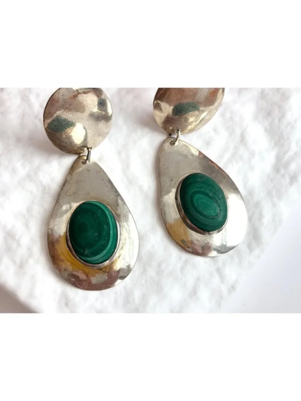 Malachite Inlaid Teardrop Clip On 800 Silver Drop Southwest Style Earrings